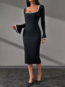 Biyeli midi boy elbise siyah thumbnail 4