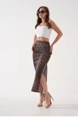 Uzun yırtmaçlı ince kumaş etek leopar - 2