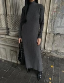 Boğazlı kalın bürümcük uzun elbise siyah - 4