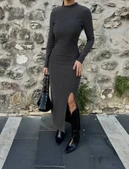 Yırtmaçlı kalın bürümcük uzun elbise siyah - 4