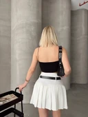 Kemerli piliseli şort etek beyaz s25305 - 6