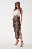 Uzun yırtmaçlı ince kumaş etek leopar - 1