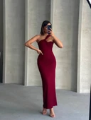 Krinkıl tek omuz uzun elbise bordo s25455 - 2