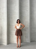 Volanlı keten şort kahve s255058 - 5