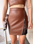 Dantelli fermuarlı deri etek kahve - 2