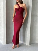 Krinkıl tek omuz uzun elbise bordo s25455 - 1