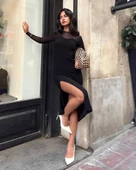 Kadın tül detaylı midi boy yırtmaçlı elbise - 1