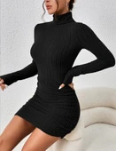 Fitilli boğazlı şardonlu elbise siyah - 2