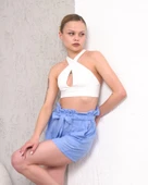 Kuşaklı keten şort mavi s255265 - 4