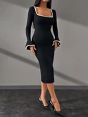 Biyeli midi boy elbise siyah thumbnail 1