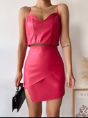 Kapaklı asimetrik model deri etek pembe - 2