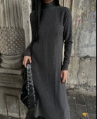 Boğazlı kalın bürümcük uzun elbise siyah - 2