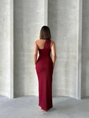 Krinkıl tek omuz uzun elbise bordo s25455 - 4