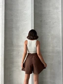 Volanlı keten şort kahve s255058 - 6
