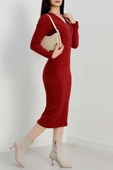 Fermuar detaylı fitilli şardonlu elbise bordo - 4