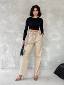 Kendinden ince kemerli deri pantolon bej - 1