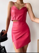 Kapaklı asimetrik model deri etek pembe - 3