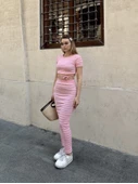 Çizgili etekli takım pembe s3609 - 2