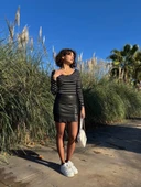 V yaka çizgili bluz siyah - 2