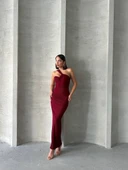 Krinkıl tek omuz uzun elbise bordo s25455 - 6