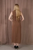 Kadın Kalın Askılı Yırtmaçlı Linda Kumaş Elbise Kahve - 6
