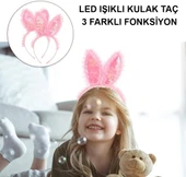 Kenarları Dantelli Pembe Pullu Payetli Led Işıklı Tavşan Kulak Taç 23x19 cm - 3