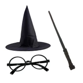 Harry Potter Siyah Şapkası Harry Potter Gözlüğü Harry Potter Asası 3 lü Set - 1
