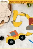 KİDEWO Çocuklar İçin Ahşap Boyama Seti | 6’lı İnşaat Makinaları | Huş Ağacı | Akrilik Boya, Fırça ve Magnet - 2