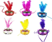 Renkli Tüylü Venedik Parti Maskesi Karışık Renk 12 Adet thumbnail 1