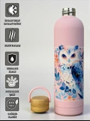 Bambu Kapaklı Pembe Baykuş Figürlü 1000 ml Paslanmaz Çelik Termos - 1