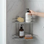 İki Katlı Krom Banyo Duş Köşe Rafı Paslanmaz Metal Şampuanlık Duvar Montajlı Düzenleyici Raf Seti thumbnail 7