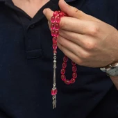 Gümüş Püsküllü Pembe Ateş Kehribar Tesbih SL12273 thumbnail 3