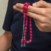 Gümüş Püsküllü Pembe Sıkma Kehribar Tesbih SL12596 thumbnail 2