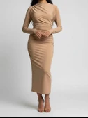 Mevsimlik | Kadın Caramel Drapeli Midi Elbise Yüksek Yaka Uzun Kollu Penye Kumaş thumbnail 1