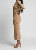 Mevsimlik | Kadın Caramel Drapeli Midi Elbise Yüksek Yaka Uzun Kollu Penye Kumaş thumbnail 2