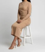 Mevsimlik | Kadın Caramel Drapeli Midi Elbise Yüksek Yaka Uzun Kollu Penye Kumaş thumbnail 4