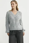 Delikli V Yaka Pullu Triko Kazak - Gri thumbnail 3