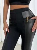 MDB Kadın Yüksek Bel Yan şerit Deri Detay Fermuarlı Dalgıç Tayt thumbnail 5