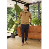 Kly Patlı Sıfır Yaka Paçası Bilekli Uzun Kol Erkek Pijama Takım thumbnail 2