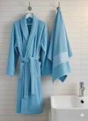BELİNİS %PAMUK BORNOZ SET 1ADET BORNOZ 1ADET HAVLU RENK: maviİ - 1