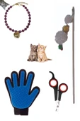 4'lü Set Evcil Hayvan Takı Kolye Tasma 33cm Oyun Oltası Tüy Toplama Temizleme Eldiveni Tırnak Makası - 1