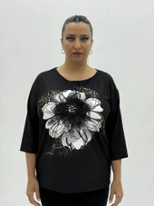 Büyük Beden Çiçek Fiyonklu Kapri Kol Pamuklu Kışlık Kadın Bluz thumbnail 2