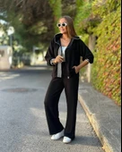 MDB Kadın Uzun Kollu Kapşonlu Onu şerit Detaylı Fermuarlı Viskon Iki Iplik Bluz Ve Pantolon Ikili Takım thumbnail 1