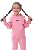 Kapüşonlu Hello Nakış Baskılı Basic Pembe Çocuk Eşofman Takımı thumbnail 6