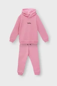 Kapüşonlu Hello Nakış Baskılı Basic Pembe Çocuk Eşofman Takımı thumbnail 1