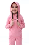 Kapüşonlu Hello Nakış Baskılı Basic Pembe Çocuk Eşofman Takımı thumbnail 7