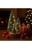 Ahşap Kütük Üzerinde 4’lü LED Işıklı Noel Kar Efektli Çam Ağaçları Seti 23 Cm - 18 Cm - 12 Cm -13 Cm thumbnail 2