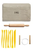 Beyaz Seramik Hamuru 3 kg Plastik Ebeşuar Seti Kil Seti Seramik Kili Ahşap Merdane Çamur Kesme Teli thumbnail 1