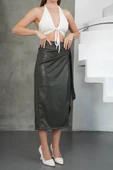 Kuşaklı uzun deri etek haki h26414 - 6