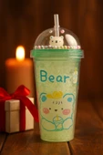 Çocuklar İçin Sevimli Renkli Boncuklu Luck Bear Tasarımlı Pipetli İçecek Bardağı Suluk Yeşil 2093 thumbnail 1